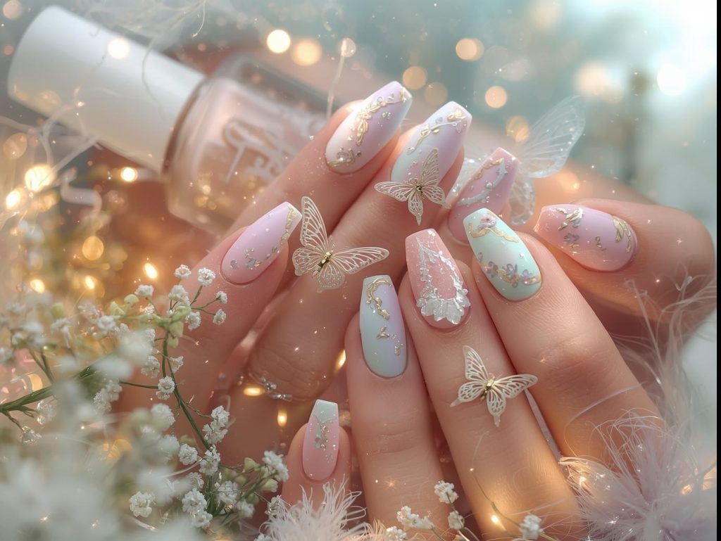 "Fairy nail designs in pastel pink, lavender, and mint with glitter, stars, butterflies, and floral details, styled with fairy lights and nail polish bottles for a dreamy Pinterest look."