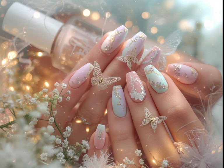 "Fairy nail designs in pastel pink, lavender, and mint with glitter, stars, butterflies, and floral details, styled with fairy lights and nail polish bottles for a dreamy Pinterest look."