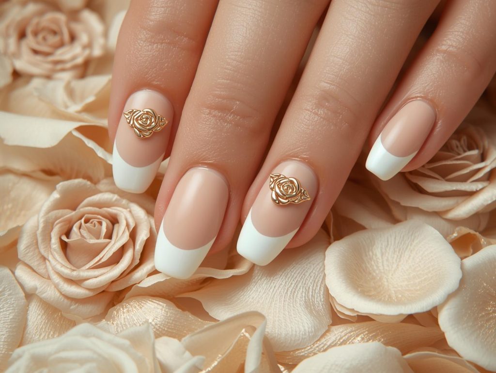 Creamy beige gold rose nail art with gold embellishments.