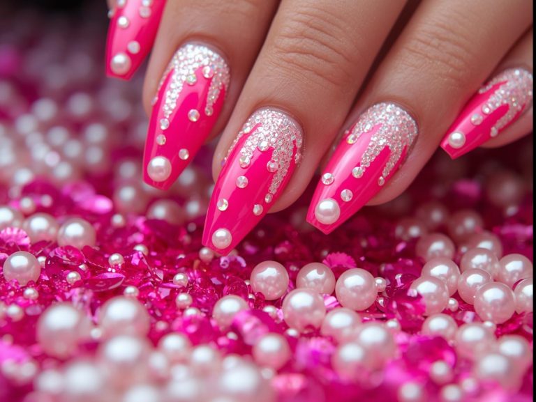 "Close-up of bold neon pink nail designs in glossy finishes with rhinestone and glitter accents, styled with nail polish bottles and manicure tools for a trendy Pinterest aesthetic."
