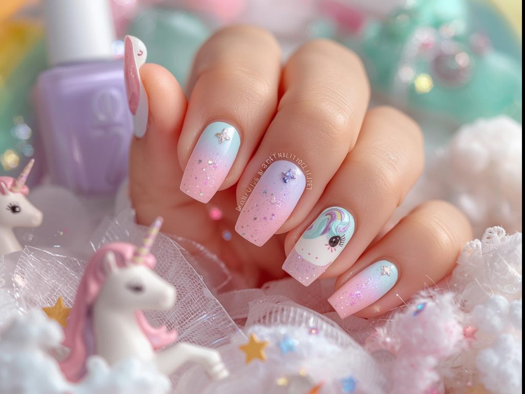 "Unicorn nail designs in pastel rainbow colors with glitter, holographic effects, and tiny stars, styled with nail polish bottles and unicorn-themed props for a magical Pinterest aesthetic."