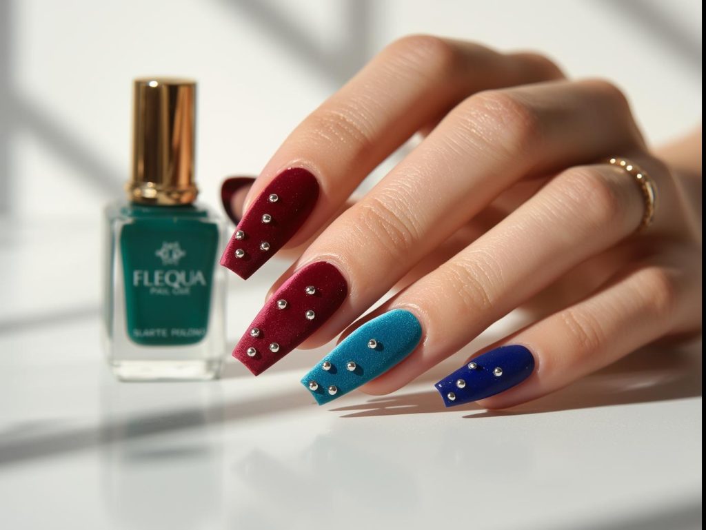 Close-up of luxurious velvet nails in jewel tones with soft texture, styled with nail polish bottles and manicure accessories for a chic Pinterest look