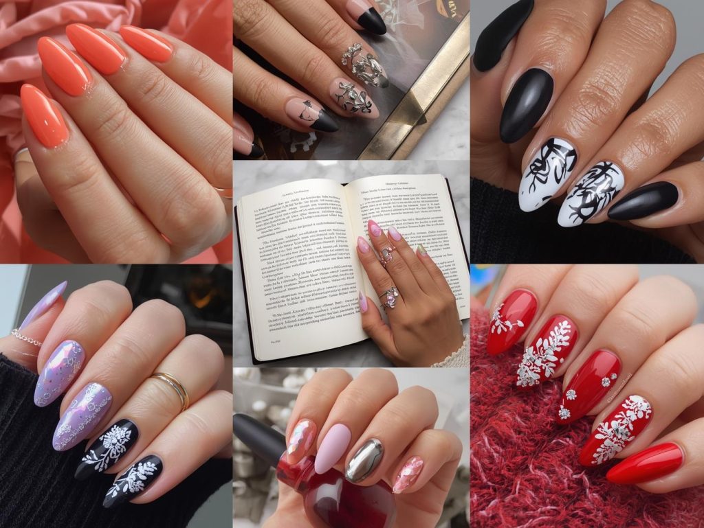 Nail artist portfolio featuring glossy coral with gold foil and gemstone accents, matte black with silver chrome designs, soft lavender with holographic floral stamping, and classic red with white lace decals for captivating Pinterest inspiration.