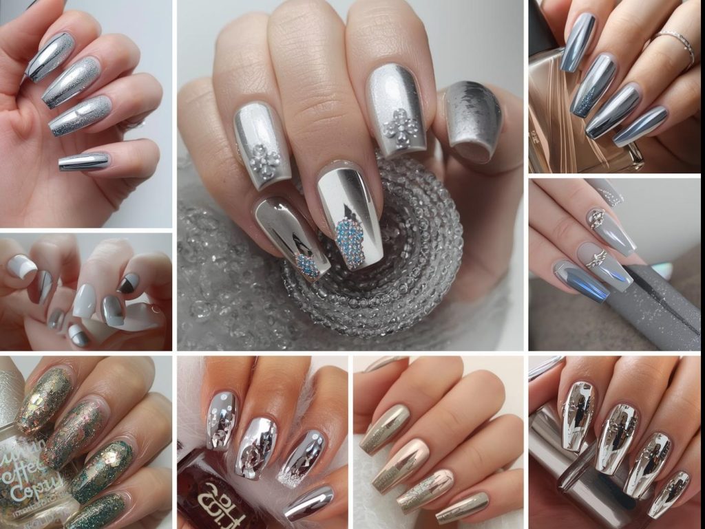 Collage of stunning mirror nail designs featuring glossy chrome and metallic finishes in coffin, almond, and stiletto shapes, displayed in a trendy Pinterest-style layout with soft lighting and a polished, luxury aesthetic.