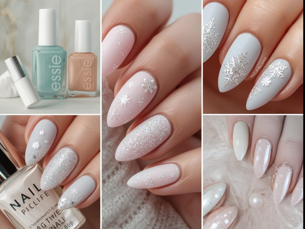Minimal collage of frosted nail designs with matte pastel colors, glitter accents, and snowflake details, styled with nail polish bottles and soft winter-inspired props