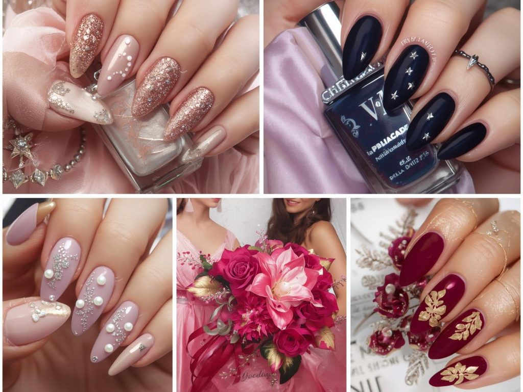  Prom nail ideas with rose gold glitter, silver star embellishments, pearl details, and gold foil floral patterns for captivating Pinterest inspiration.