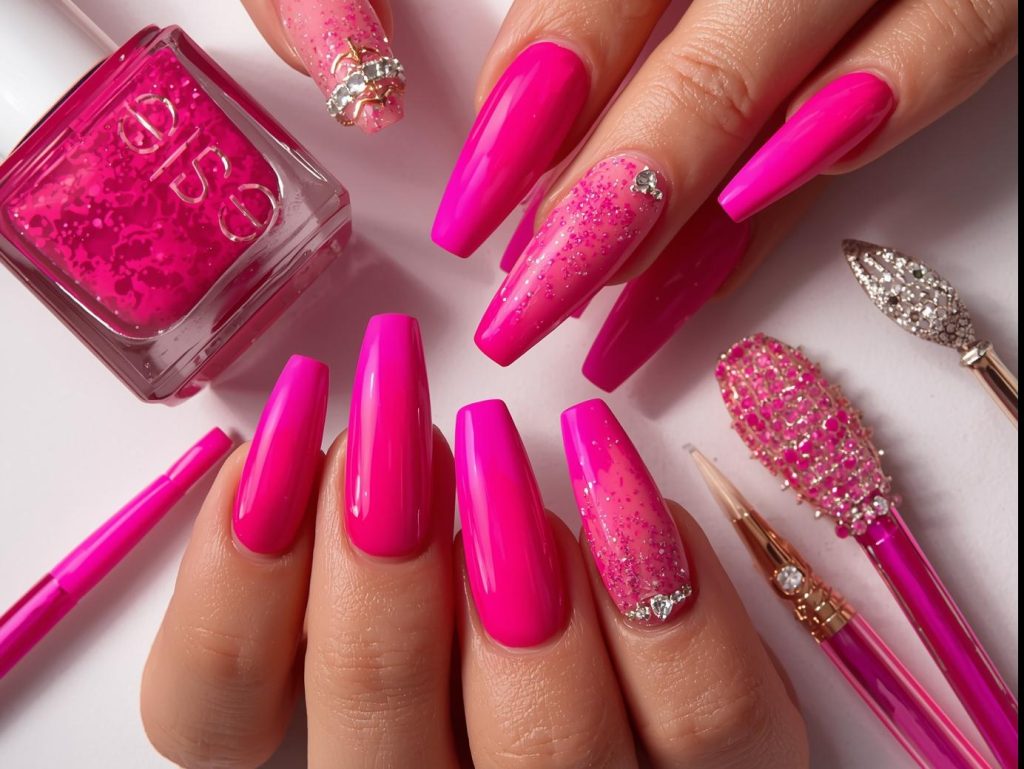 "Hot pink nail designs with glossy finishes, glitter accents, and rhinestone details, styled with nail polish bottles and manicure accessories for a bold Pinterest look."