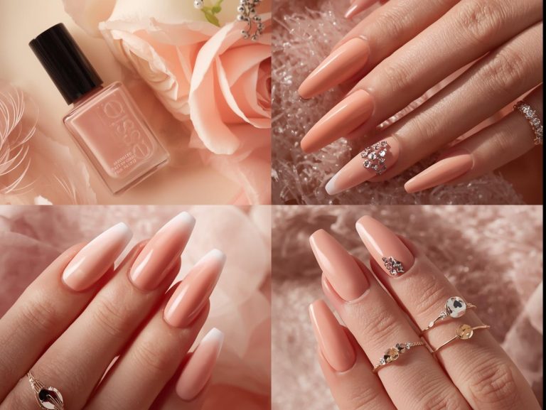 "Create a high-resolution Pinterest-style close-up image of elegant peach nail designs with a glossy or matte finish. Showcase popular nail shapes like almond, coffin, and oval, with chic details such as floral accents, subtle glitter, ombré blends, or minimalist French tips. Add nail-related props like a peach-colored nail polish bottle, manicure tools, or delicate jewelry (rings, bracelets) to enhance the soft, feminine look. Use warm, soft lighting and a clean, pastel background to highlight the peach tones, making the image stylish, modern, and Pinterest-ready."