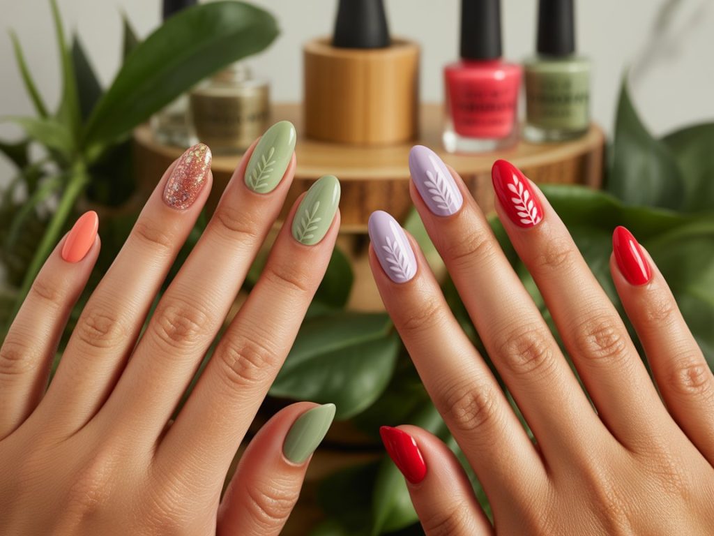 Eco-Friendly Nails: Sustainable and Pinterest-Worthy Manicures to Adore 2 Eco-friendly nail designs with biodegradable glitter, plant-based geometric patterns, vegan floral decals, and water-based polish stamping for captivating Pinterest inspiration.