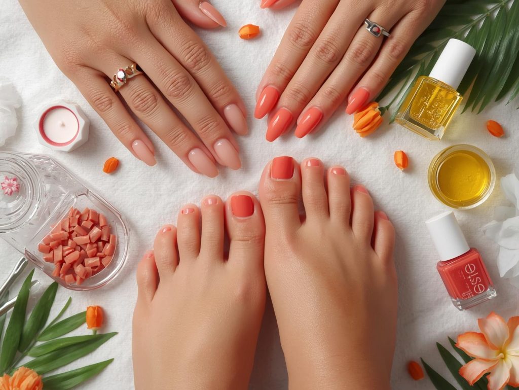 Healthy nails with glossy natural finish, clear-coated toenails, and vibrant coral finishes for captivating Pinterest nail care inspiration.