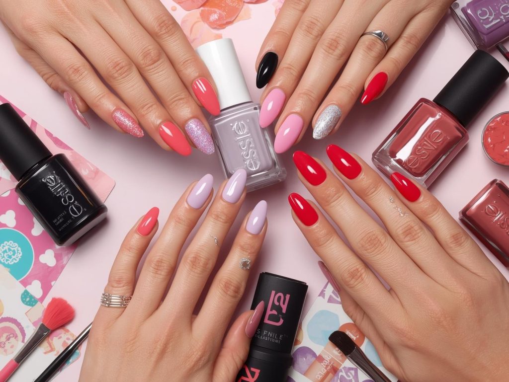 Nail polish swatches with glossy coral, matte black, soft lavender, and classic red for captivating Pinterest inspiration.