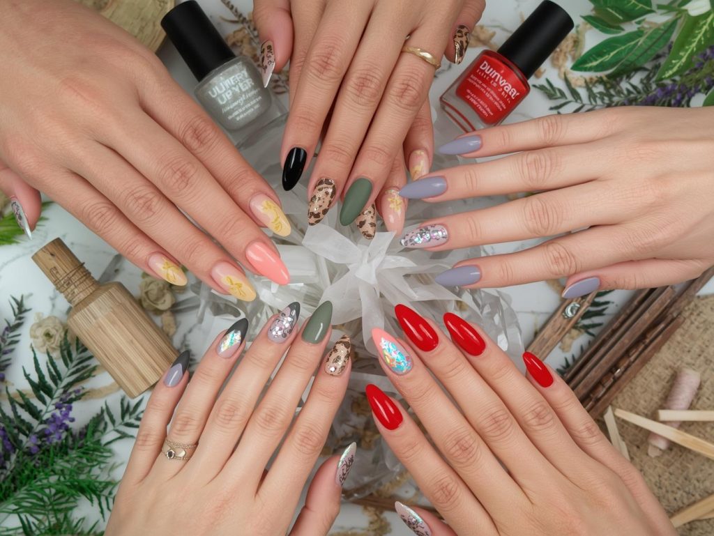 Vegan nail polish designs with biodegradable glitter, leaf-inspired stamping, holographic floral decals, and vegan pearl embellishments for captivating Pinterest inspiration.