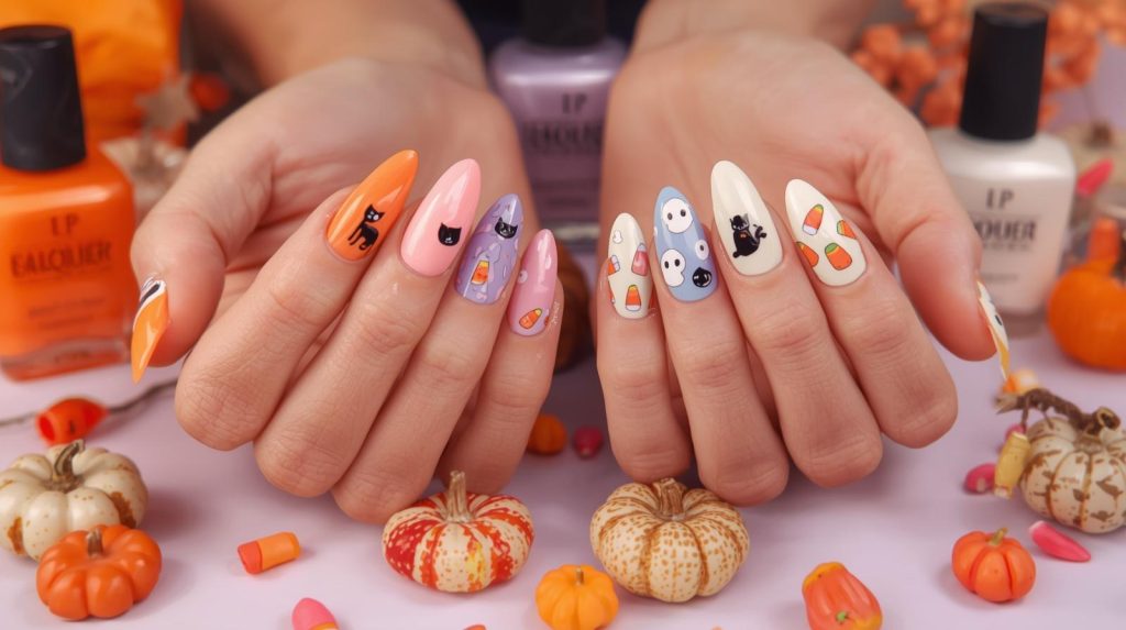 Cute Halloween Nails: Adorable and Pinterest-Worthy Manicures to Adore 2 Cute Halloween nail designs with black cat decals, tiny ghost stickers, candy corn patterns, and mini pumpkin accents for captivating Pinterest inspiration.