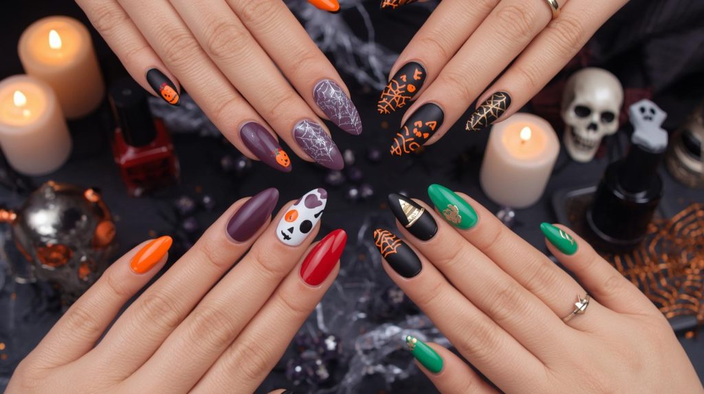 Halloween nail art with jack-o’-lantern decals, cobweb patterns, glow-in-the-dark skull accents, and witch hat stamping for captivating Pinterest inspiration.