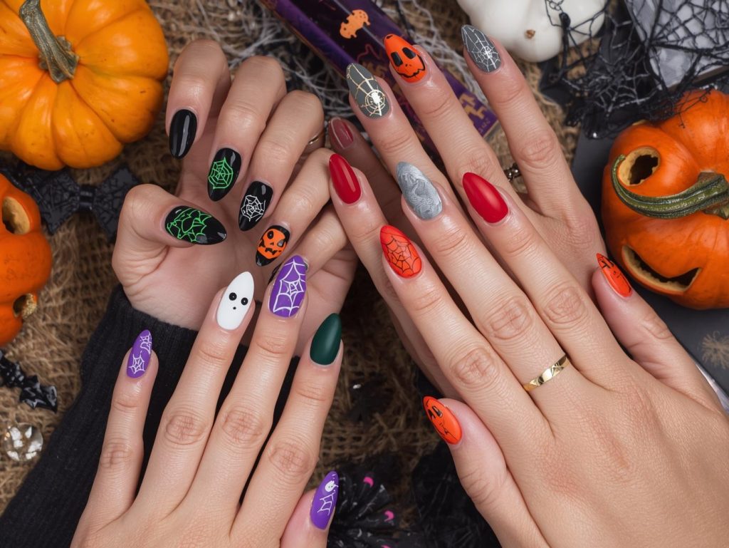  Halloween press-on nails with jack-o’-lantern patterns, spider web decals, glow-in-the-dark ghost stickers, and bat accents for captivating Pinterest inspiration.