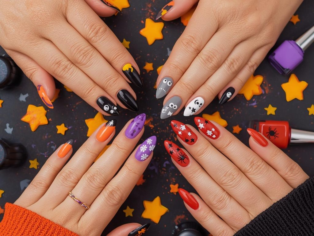 Easy Halloween nail designs with candy corn stripes, googly eye decals, glow-in-the-dark star stickers, and spider silhouettes for spellbinding Pinterest inspiration.