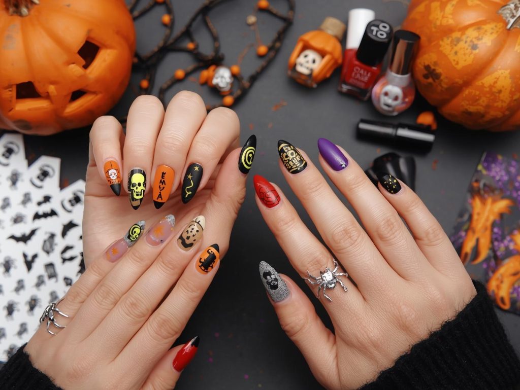 Halloween nail stickers with skeleton, bat, witch, and spider designs for enchanting Pinterest inspiration.