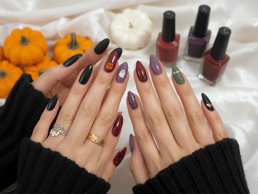 Simple Halloween nail designs with pumpkin stickers, ghost dots, web lines, and bat stickers for bewitching Pinterest inspiration.