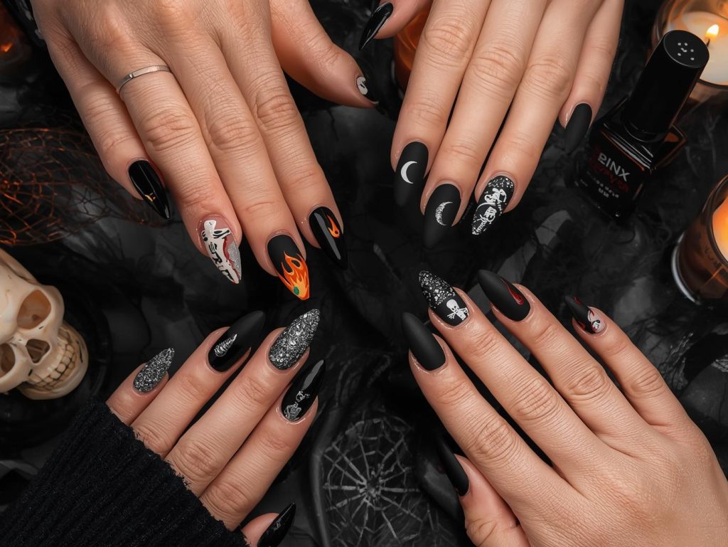 Black Halloween nail designs with flame decals, crescent moon stickers, skeleton accents, and blood drip patterns for electrifying Pinterest inspiration.