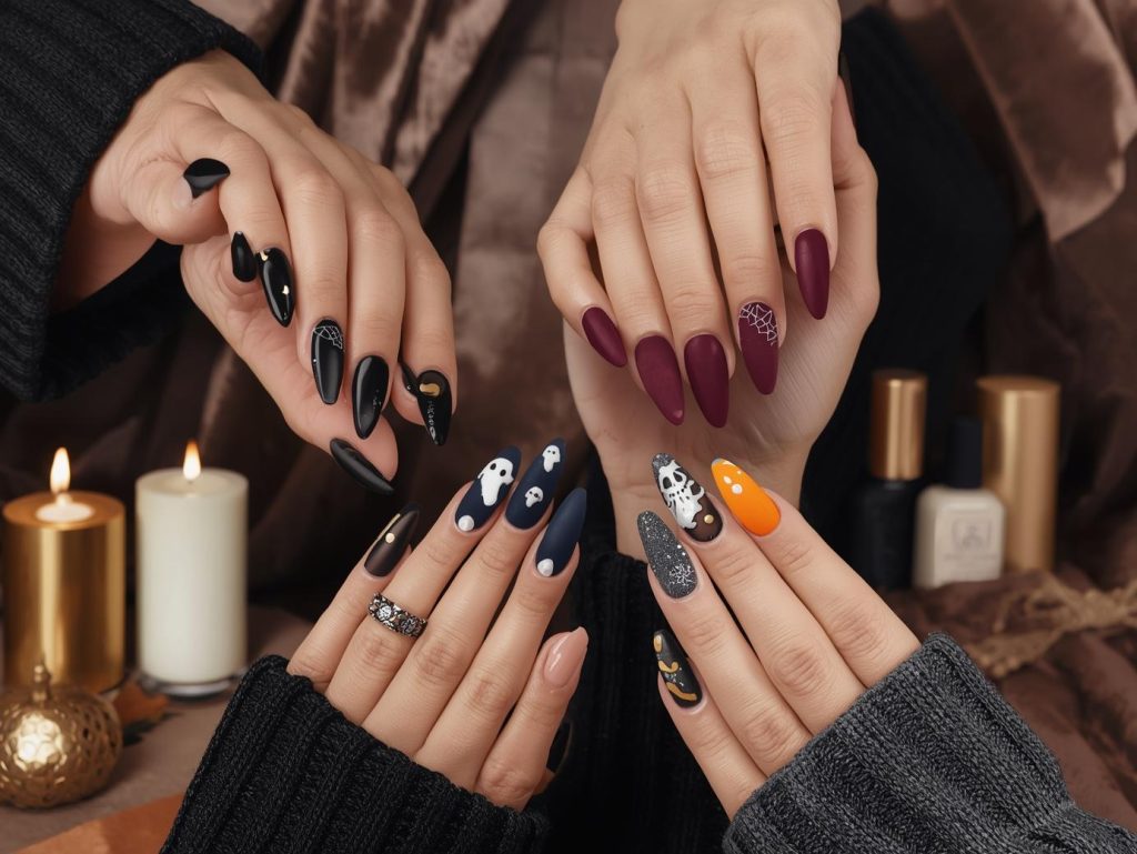 Classy Halloween nail designs with gold crescent moons, silver spider webs, pearl ghost silhouettes, and pumpkin studs for enchanting Pinterest inspiration.