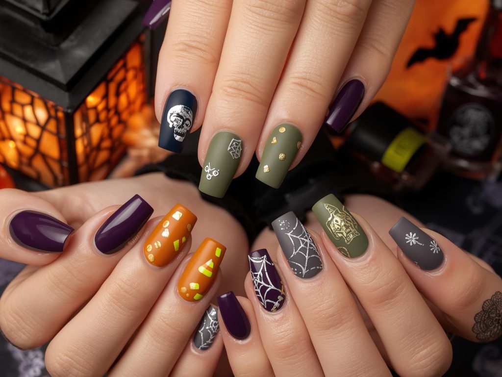 Short Halloween nail designs with silver skull stickers, gold candy corn decals, white cobweb lines, and neon green witch hat accents for spellbinding Pinterest inspiration.