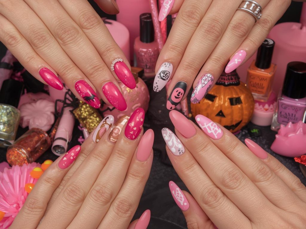 Pink Halloween nail designs with black cat stickers, silver pumpkin decals, glow-in-the-dark candy corn dots, and white spider web accents for bewitching Pinterest inspiration.