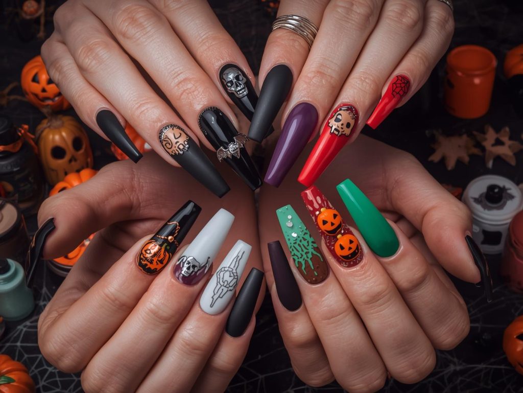Halloween Acrylic Nails: Bold, Spooky, and Pinterest-Worthy Designs to Adore 2 Halloween acrylic nail designs with gold skull embellishments, silver bat wing decals, glow-in-the-dark zombie hand accents, and jack-o’-lantern studs for spellbinding Pinterest inspiration.
