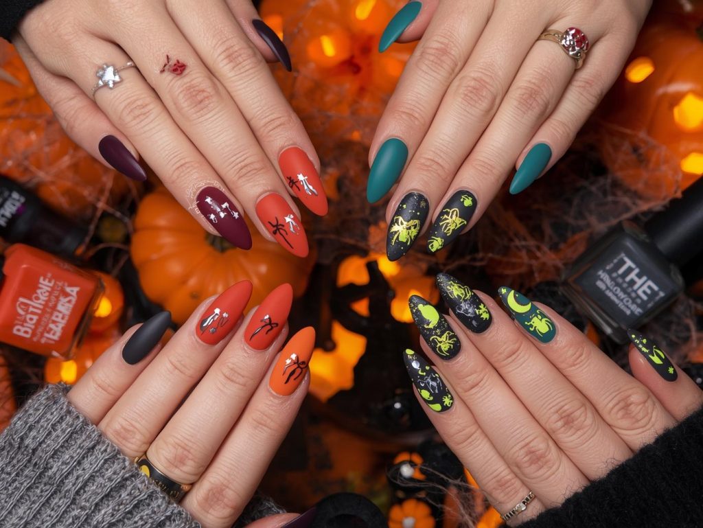  Halloween nail colors in midnight purple, blood orange, deep teal, and shimmering charcoal with spooky decals for enchanting Pinterest inspiration.