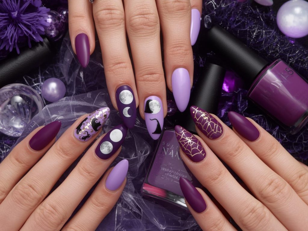 Purple Halloween Nails: Mystical, Spooky, and Pinterest-Worthy Designs to Adore 2 Purple Halloween nail designs with silver moon phase decals, black witch hat stickers, glow-in-the-dark skeleton accents, and gold cobweb lines for spellbinding Pinterest inspiration.