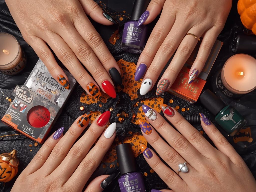 Kiss Halloween nail designs with jack-o’-lantern patterns, spider web decals, glow-in-the-dark ghost stickers, and bat accents for captivating Pinterest inspiration.