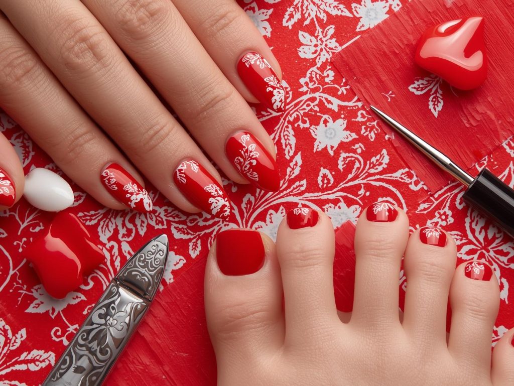 Matching Nails and Toes: Coordinated and Pinterest-Worthy Looks to Adore 11 Classic red white floral stamped matching nails and toes with glossy finish.