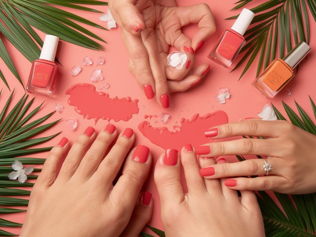 Vibrant coral nails and toes with glossy finish in a nail care routine.