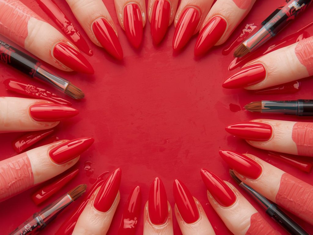Classic red nail polish swatch with high-gloss shine.