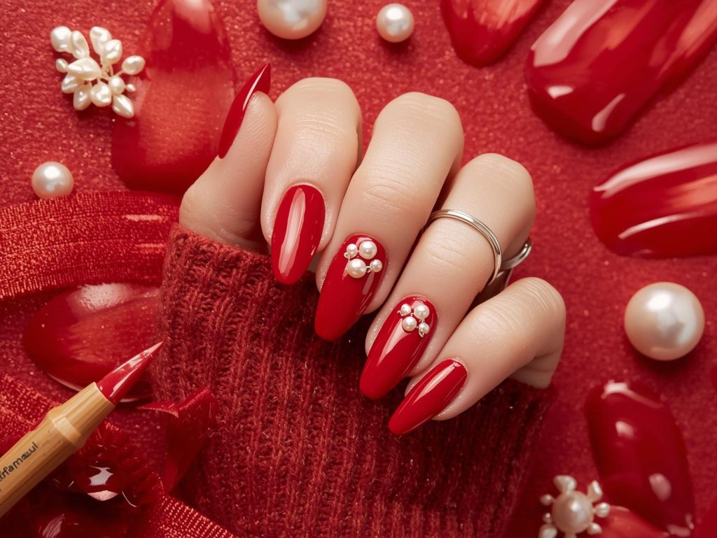 Classic red vegan pearl embellished vegan nail polish design with glossy finish.