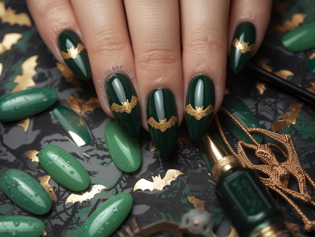  Deep green gold bat silhouette Halloween nail design with glossy finish.