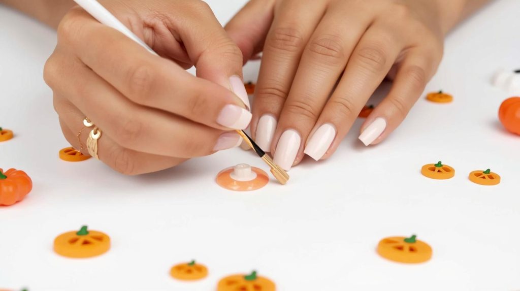 Cute Halloween Nails: Adorable and Pinterest-Worthy Manicures to Adore 11 Creamy white mini pumpkin cute Halloween nail design with glossy finish.
