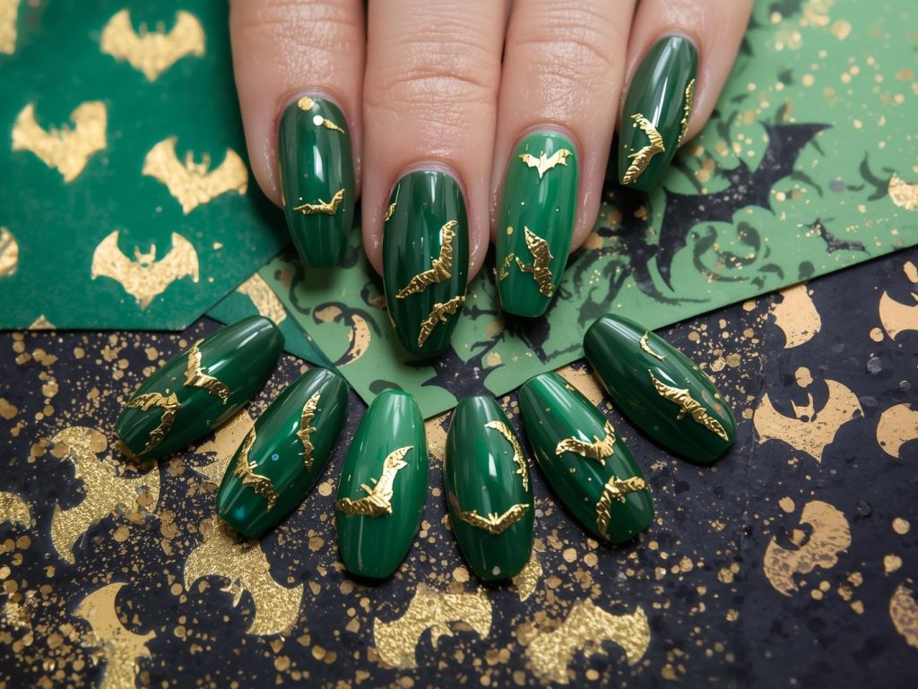  Deep green gold bat Halloween press-on nails with glossy finish.