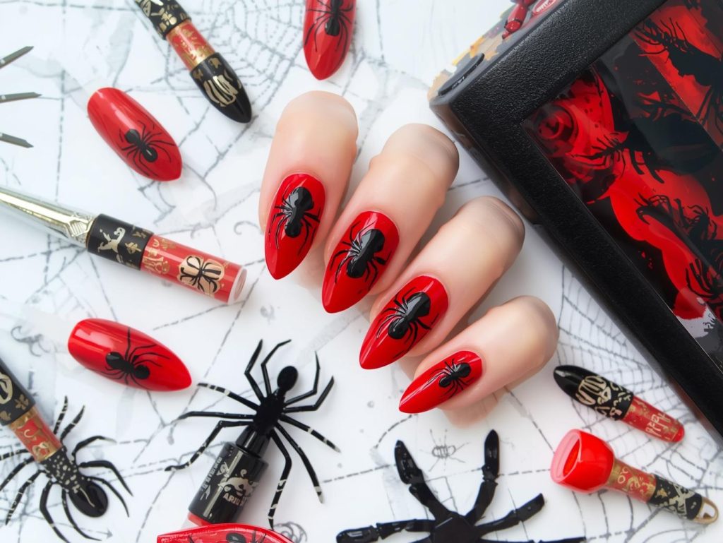 Blood red black spider silhouette easy Halloween nail design with glossy finish.
