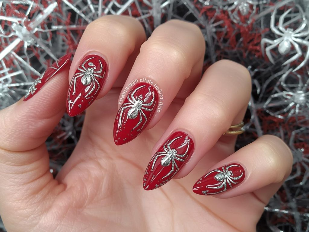 Blood red silver spider Halloween nail stickers with glossy finish.