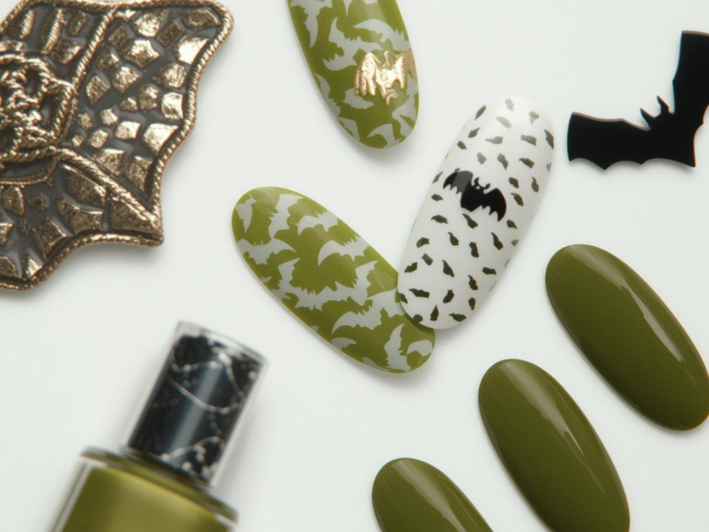 Olive green bat sticker simple Halloween nail design with glossy finish.