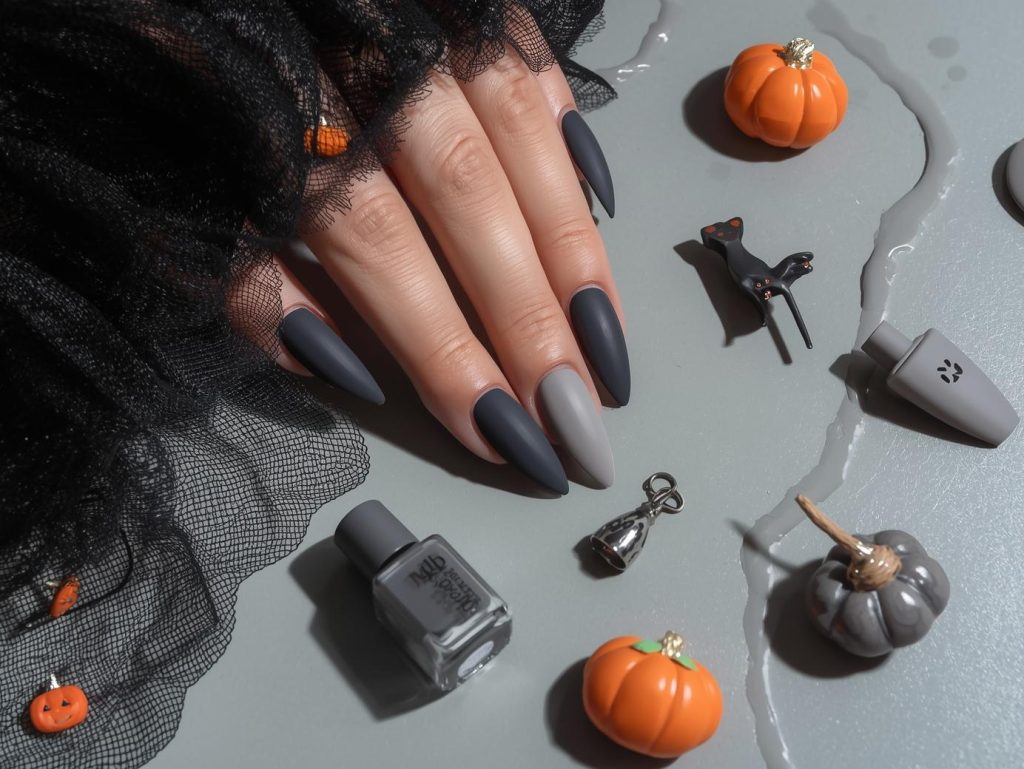 Charcoal gray pumpkin stud classy Halloween nail design with matte finish.