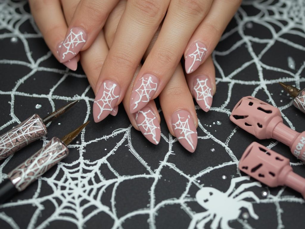 Dusty rose spider web pink Halloween nail design with white accents.