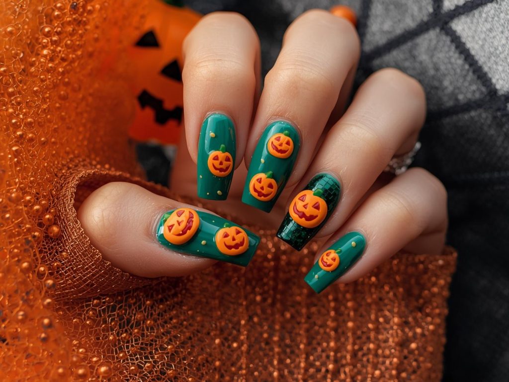 Halloween Acrylic Nails: Bold, Spooky, and Pinterest-Worthy Designs to Adore 11 Emerald green jack-o’-lantern Halloween acrylic nail design with orange 3D studs.
