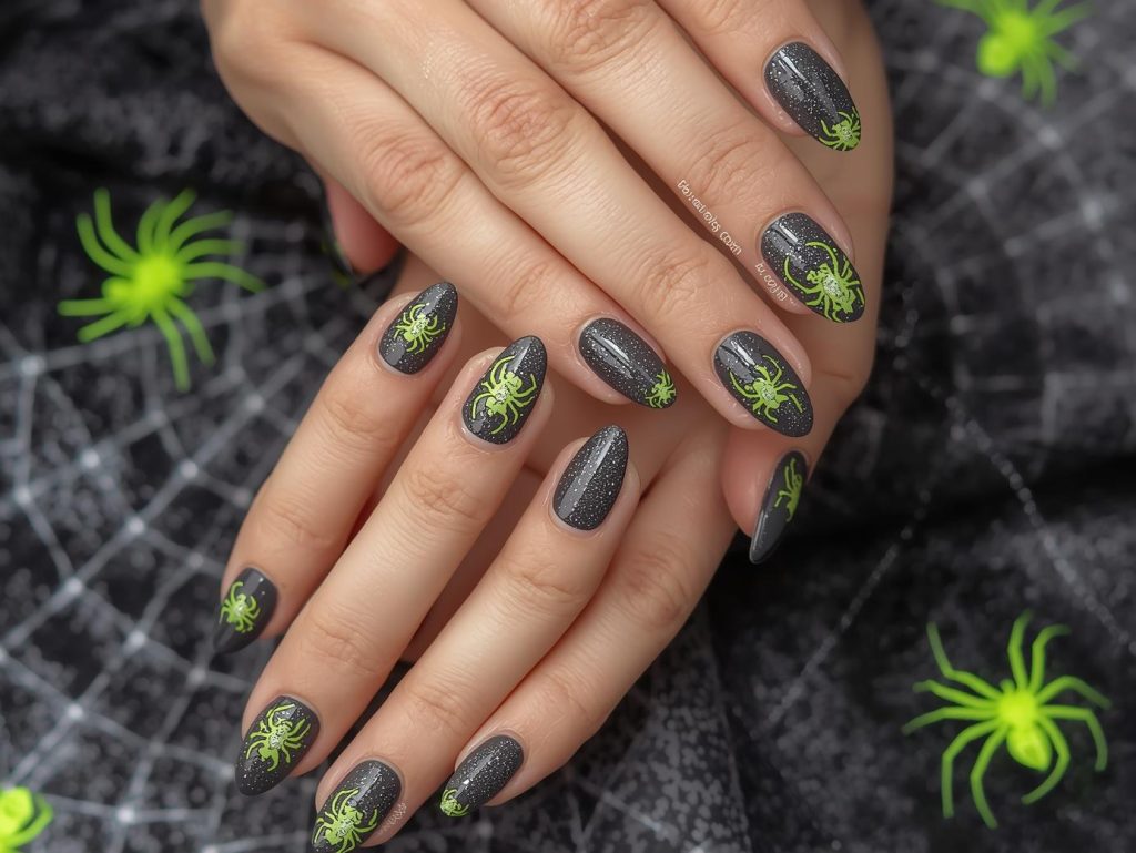  Shimmering charcoal Halloween nail color with neon green spider decals.