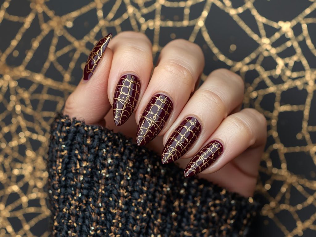 Purple Halloween Nails: Mystical, Spooky, and Pinterest-Worthy Designs to Adore 11 Plum cobweb purple Halloween nail design with gold lines.