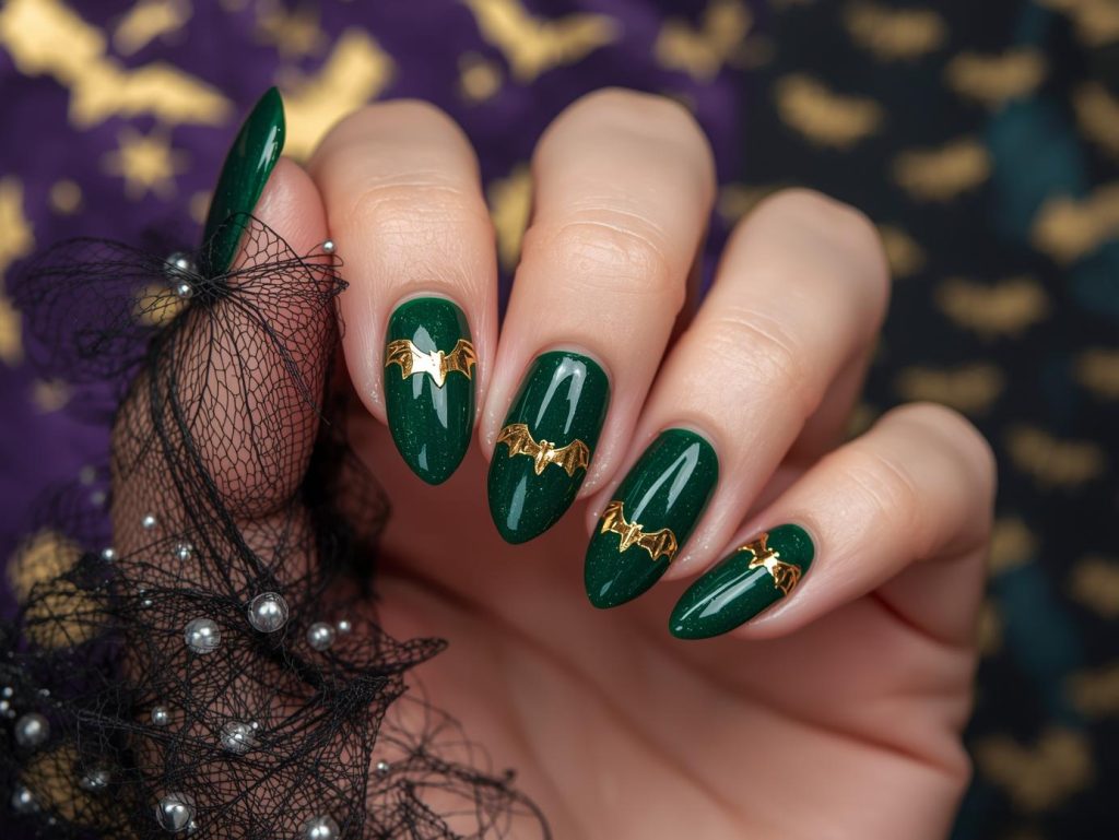 Deep green gold bat Kiss Halloween nail design with glossy finish.