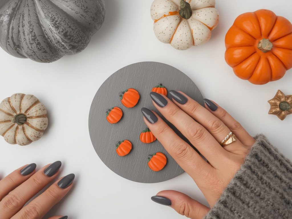 Applying charcoal gray pumpkin stud classy Halloween nail design with orange studs.
