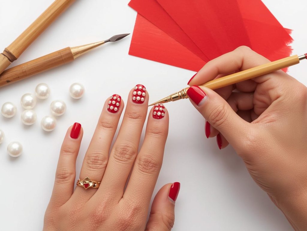 Applying classic red vegan pearl embellished vegan nail polish design with pearl embellishments.
