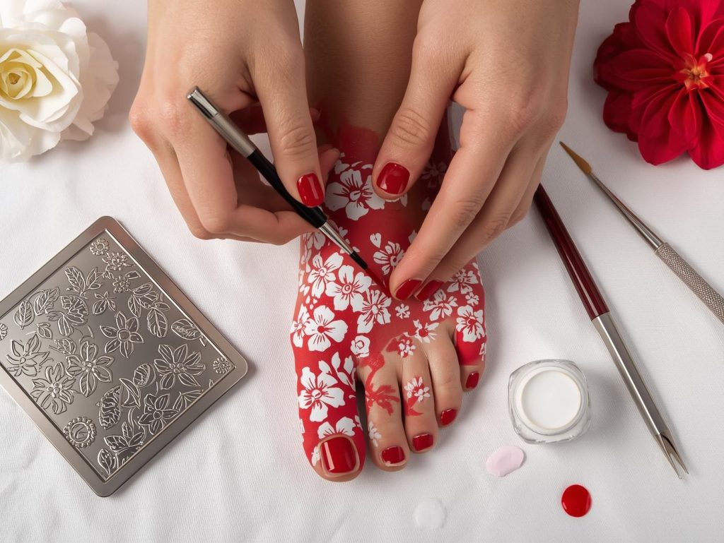 Creating classic red white floral stamped pedicure with white floral stamping.