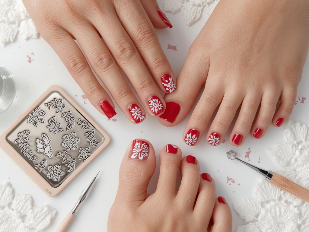 Matching Nails and Toes: Coordinated and Pinterest-Worthy Looks to Adore 12 Creating classic red white floral stamped matching nails and toes with white floral stamping.